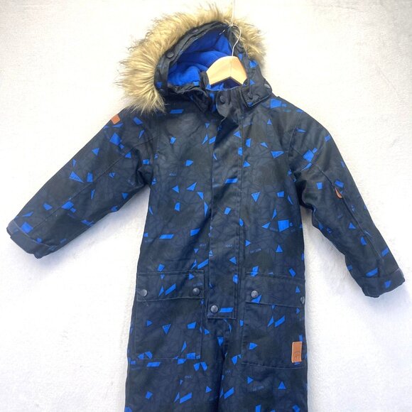 Minymo Fleece Lined Fur Trim Snowsuit Size 4 (4T) Black Blue Hooded One Piece - Picture 2 of 16